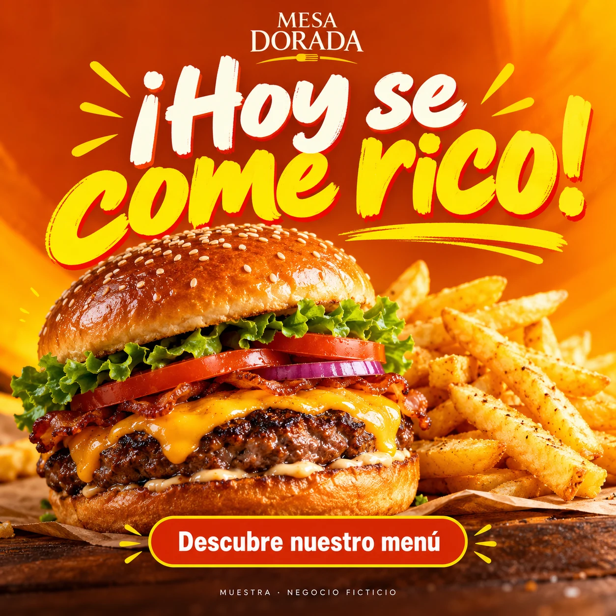 Diseño llamativo de Mesa Dorada en naranja y amarillo con hamburguesa y papas